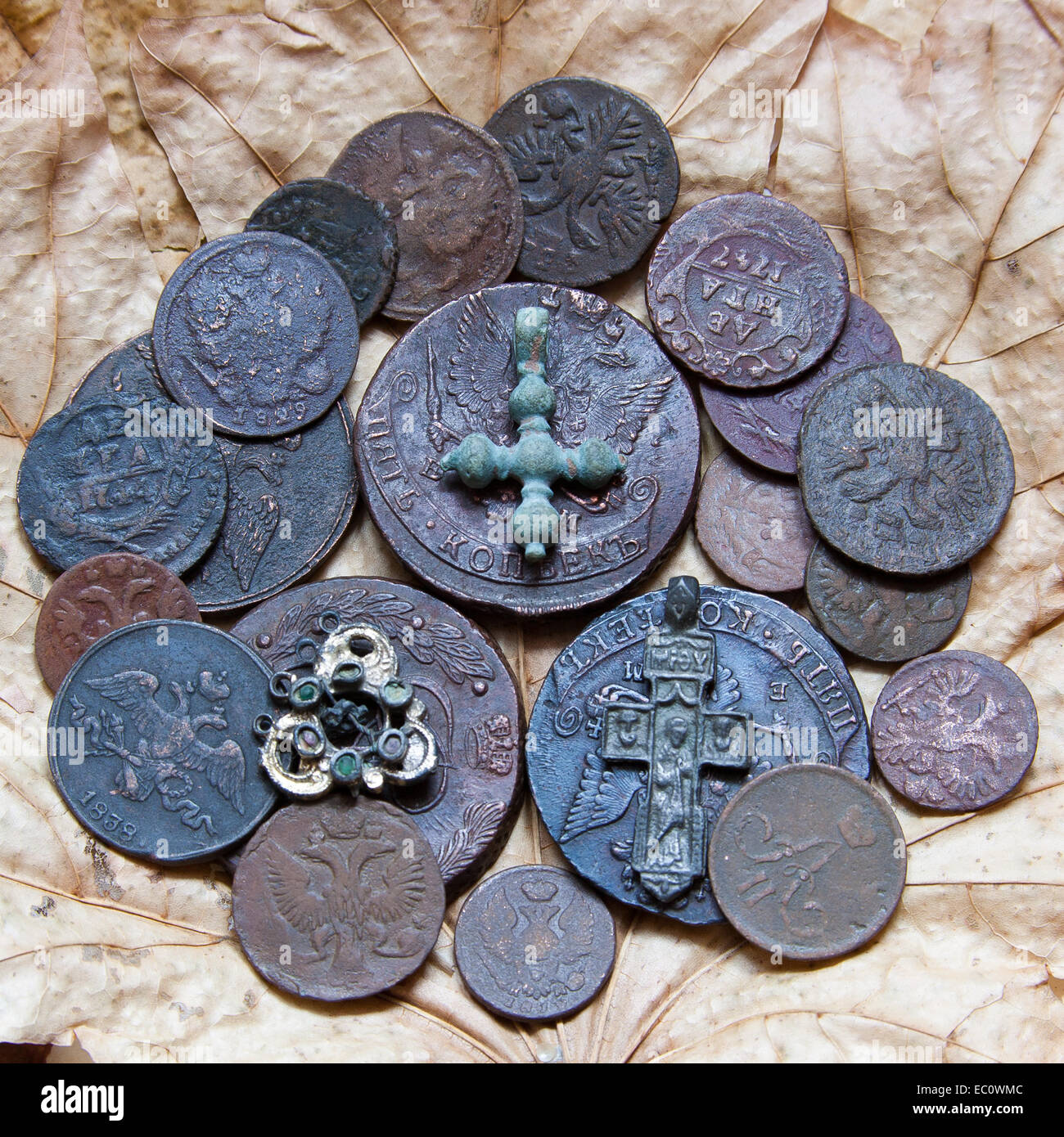 Münzen der Dynastie des Zaren Romanow des 18. und 19. Jahrhunderts. Stockfoto