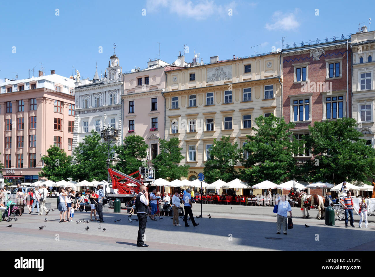Altstadt von Krakau in Polen mit Touristen auf dem Marktplatz. Stockfoto