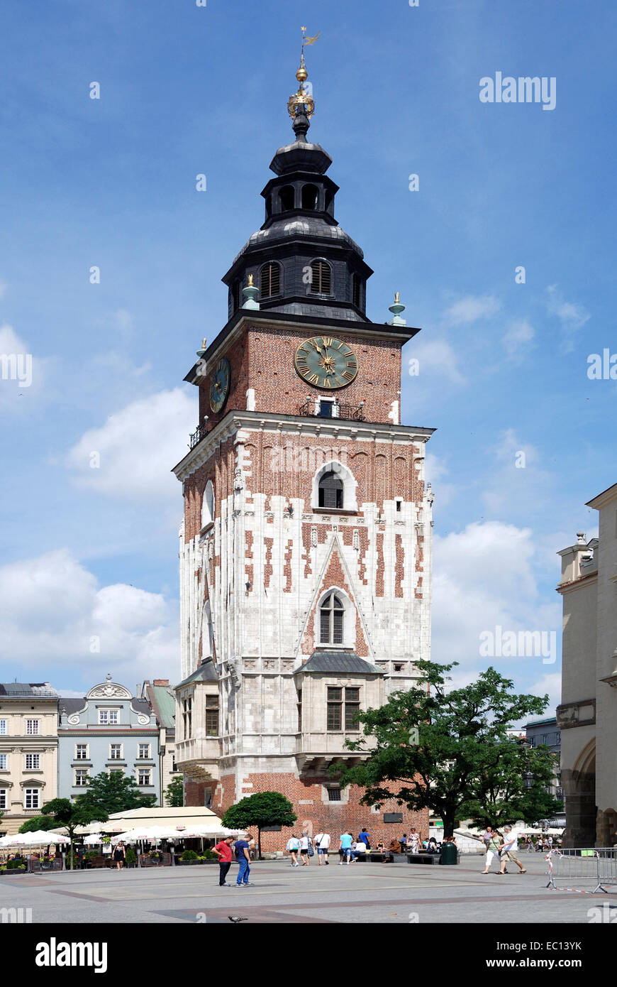 Rathausturm auf dem Marktplatz in Krakau in Polen. Stockfoto