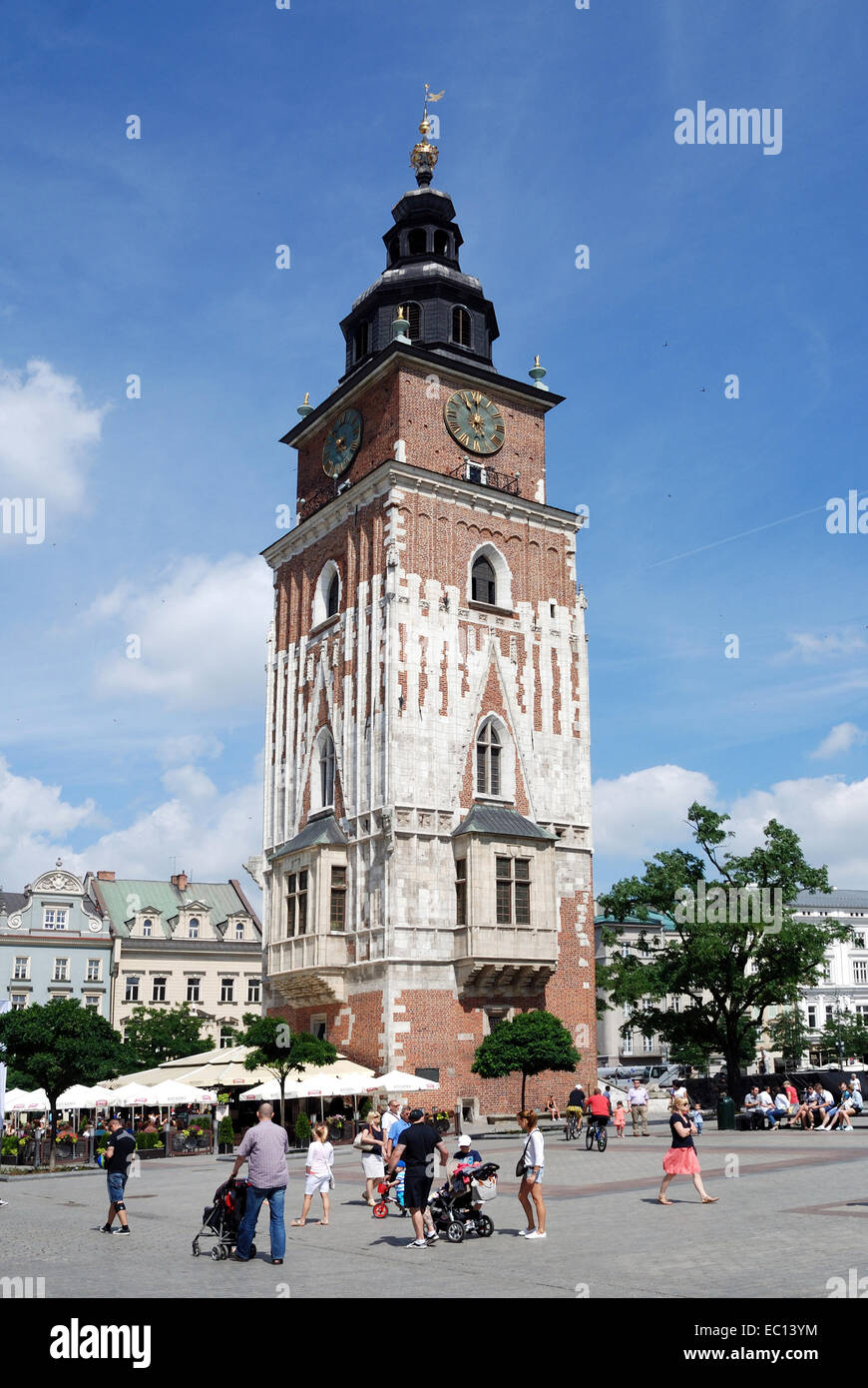 Rathausturm auf dem Marktplatz in Krakau in Polen. Stockfoto