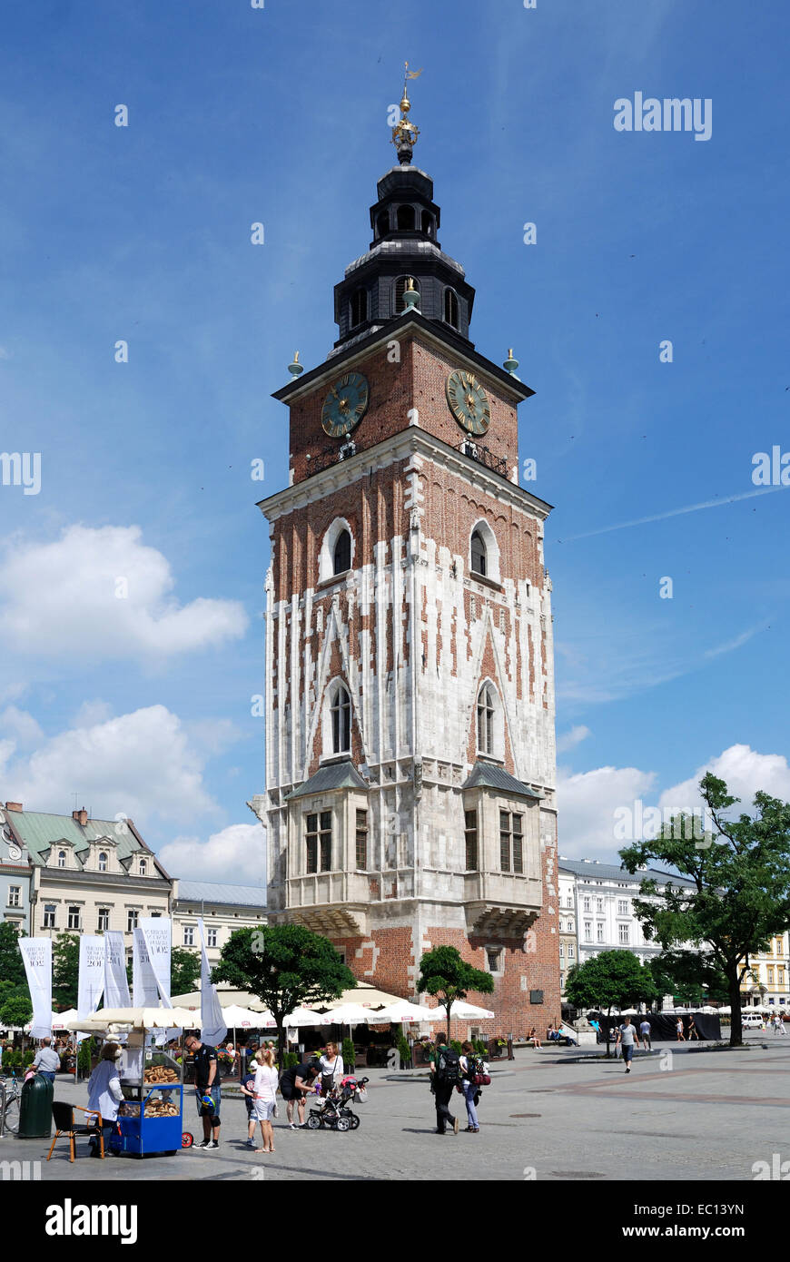 Rathausturm auf dem Marktplatz in Krakau in Polen. Stockfoto