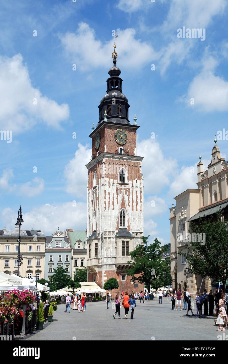 Rathausturm auf dem Marktplatz in Krakau in Polen. Stockfoto