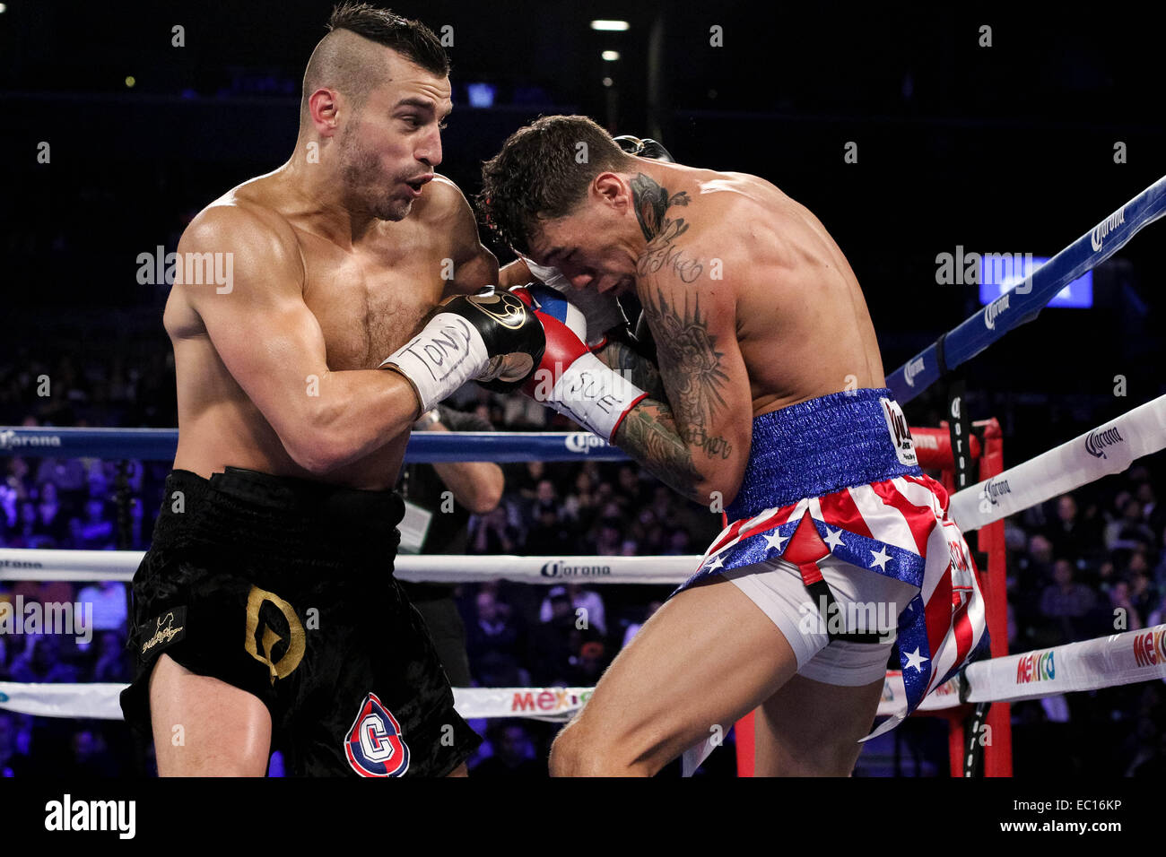 Brooklyn, New York, USA. 6. Dezember 2014. 6. Dezember 2014 kämpfen - Brooklyn, New York, USA - DAVID LEMIEUX (schwarze Stämme) und GABRIEL ROSADO in einem NABF-Titel im Mittelgewicht Kampf im Barclays Center in Brooklyn, New York. © Joel Plummer/ZUMA Draht/Alamy Live-Nachrichten Stockfoto