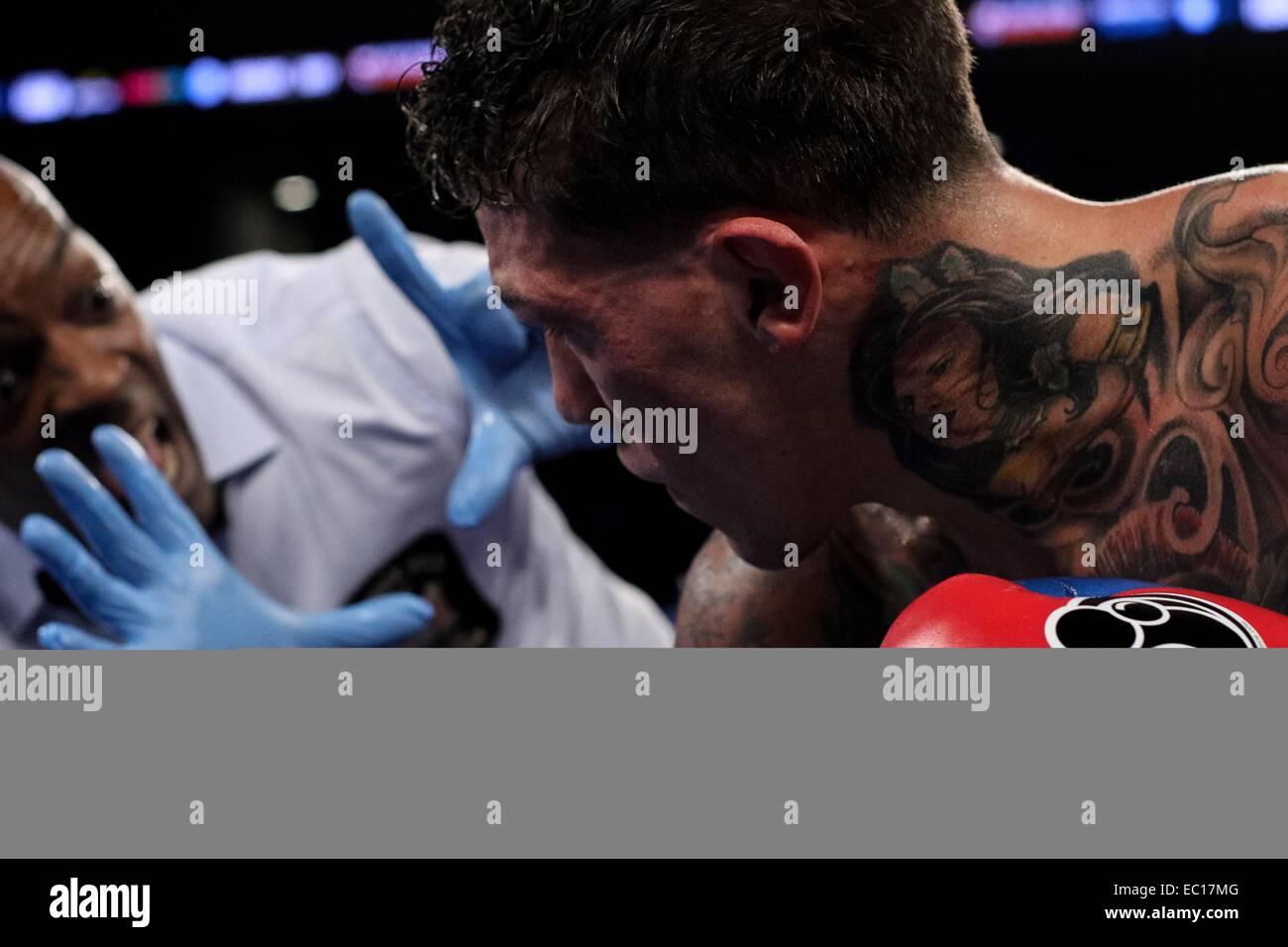 Brooklyn, New York, USA. 20. Januar 2013. GABRIEL ROSADO versucht, seine Fassung wiederzugewinnen, nachdem in der ersten Runde von einem NABF-Titel im Mittelgewicht Kampf gegen David Lemieux abgerissen im Barclays Center in Brooklyn, New York. © Joel Plummer/ZUMA Draht/Alamy Live-Nachrichten Stockfoto