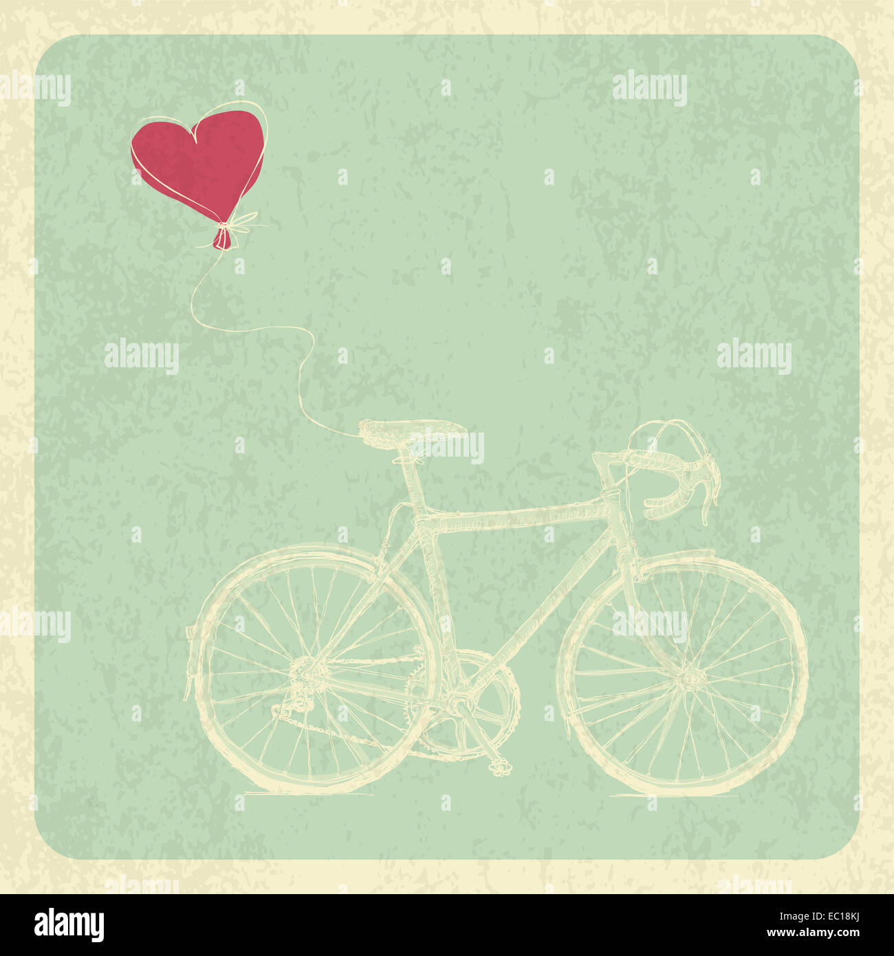 Vintage Valentines Karte mit Fahrrad und Herz-Ballon Stockfoto