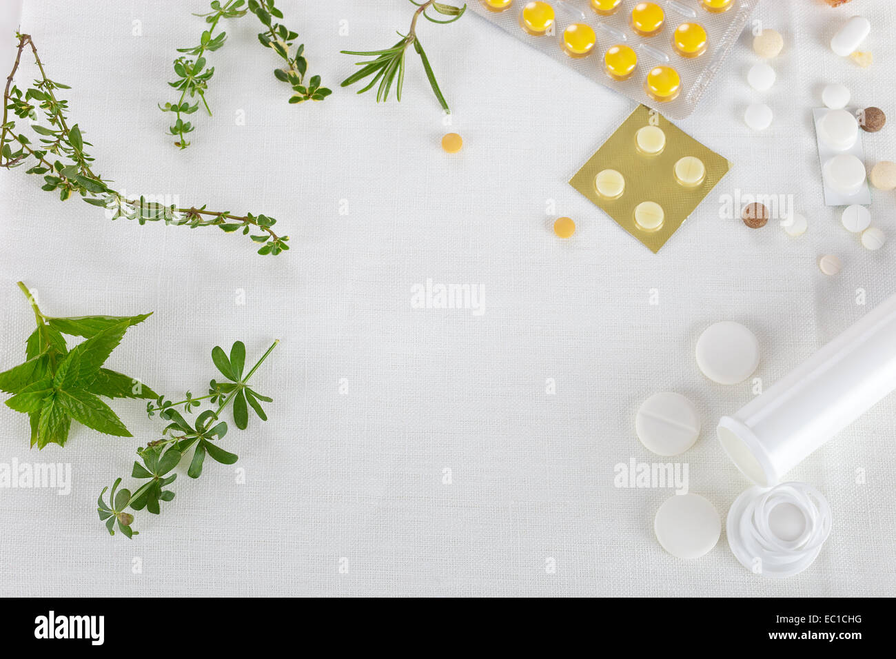 Pflanzliche Arzneimittel-Konzept: frische Kräuter und Pillen. Stockfoto