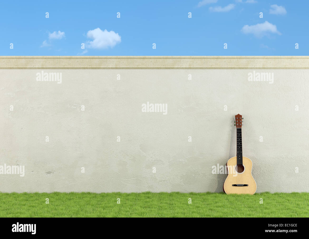 Klassischer Gitarre gelehnt alte Mauer in einem Garten - 3D Rendering Stockfoto
