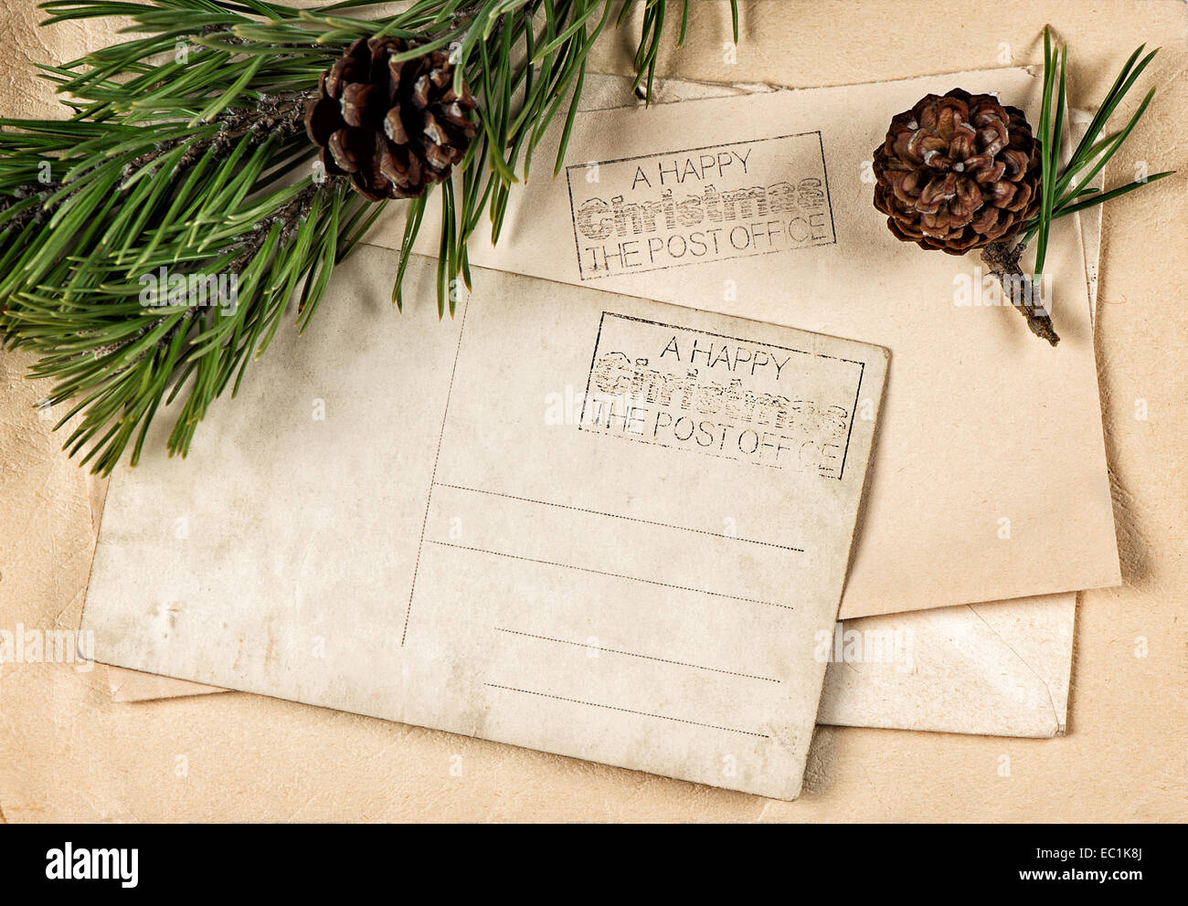 Weihnachten-Ansichtskarte mit Kiefer Baum Zweig Dekoration Stockfoto