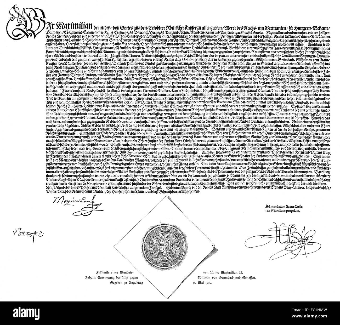 Reichsacht am 13 Mai 1566 von Kaiser Maximilian II. gegen Herzog John Frederick II unterzeichnet, Stockfoto