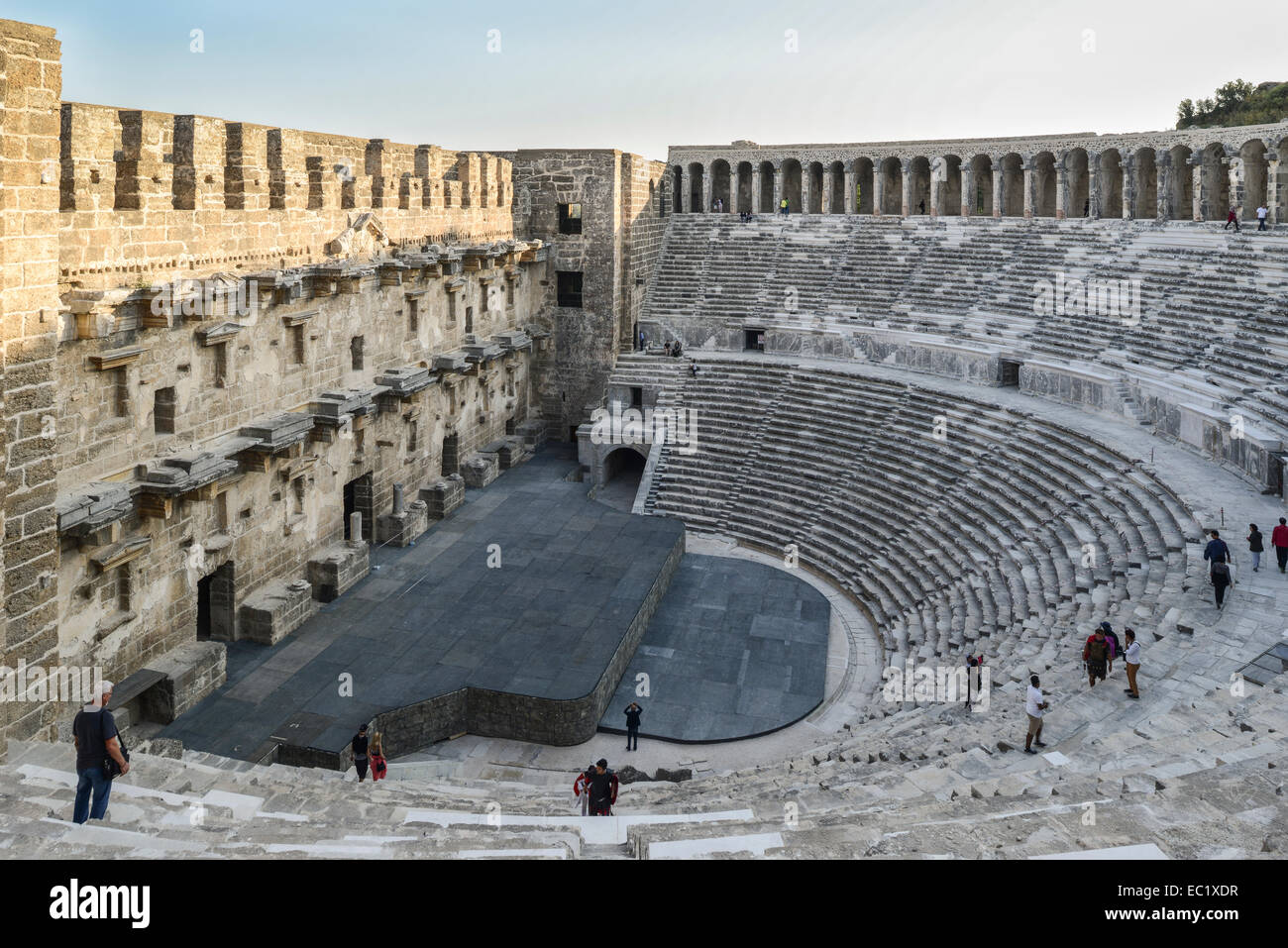 Römischen Amphitheater von Aspendos, 155 N. Chr. in Serik, türkische Riviera-Provinz Antalya, Türkei Stockfoto
