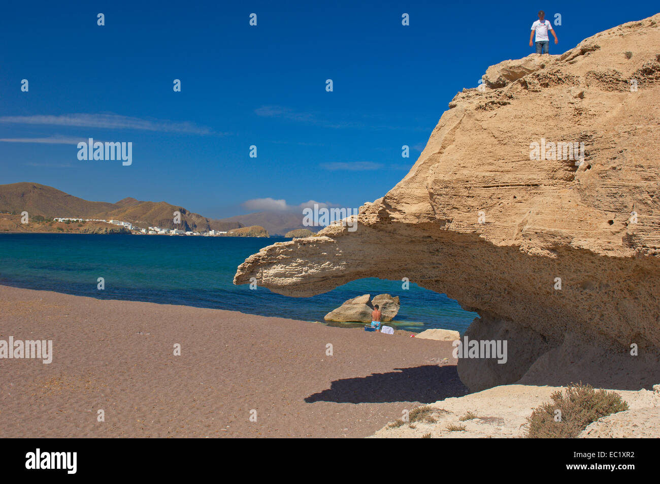 Cabo de Gata, Los Escullos, Playa del Arco, Strand El Arco, Isleta del Moro, Cabo de Gata-Nijar Natural Park, Almeria, Andalusien Stockfoto