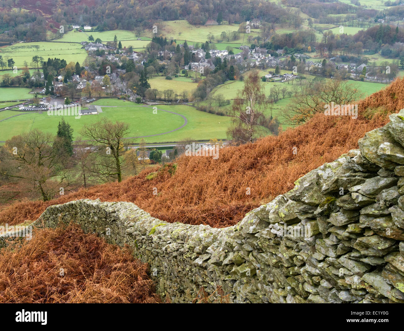 Luftaufnahme des Grasmere Village von Grey Crag mit trockener Steinwand im Vordergrund, Lake District, Cumbria, England, Großbritannien. Stockfoto