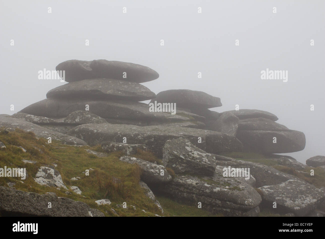 Blick auf grobe Tor auf Bodmin Moor an einem nebligen Tag. Stockfoto