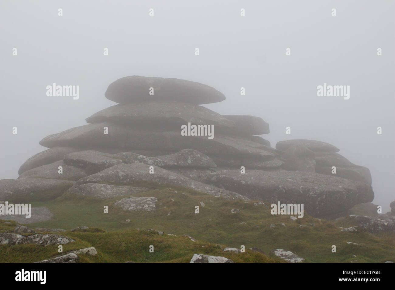 Blick auf grobe Tor auf Bodmin Moor an einem nebligen Tag. Stockfoto