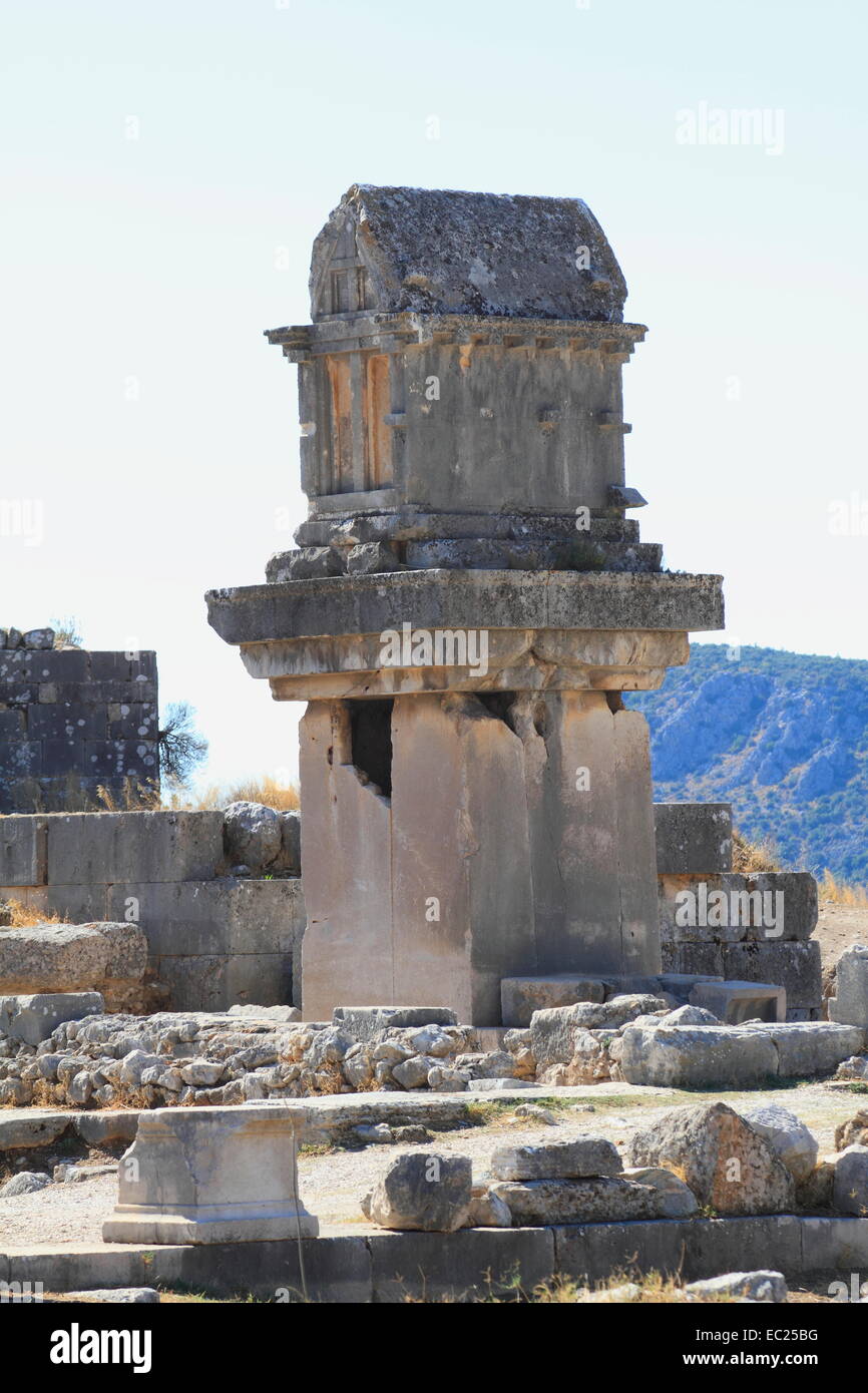 Lykischen Grab (Grab, Grabstein), Xanthos antik antike Stadt Ruinen, Xanthos, Antalya, Türkei Stockfoto