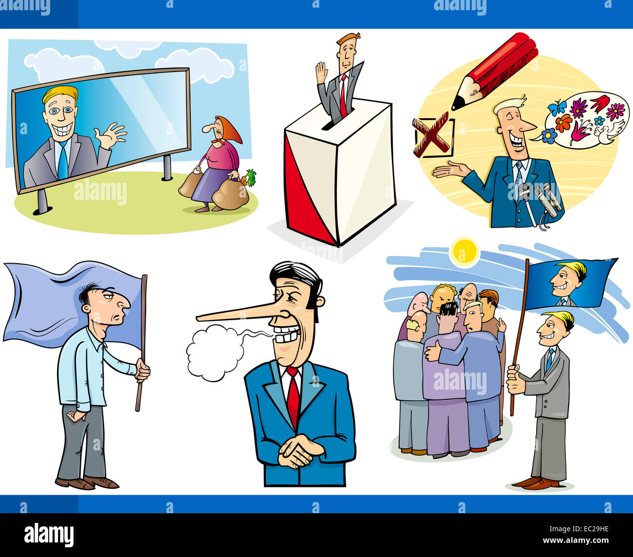 Abbildung Set humorvolle Karikatur Konzepte oder und Metaphern von Politik und Demokratie Stockfoto