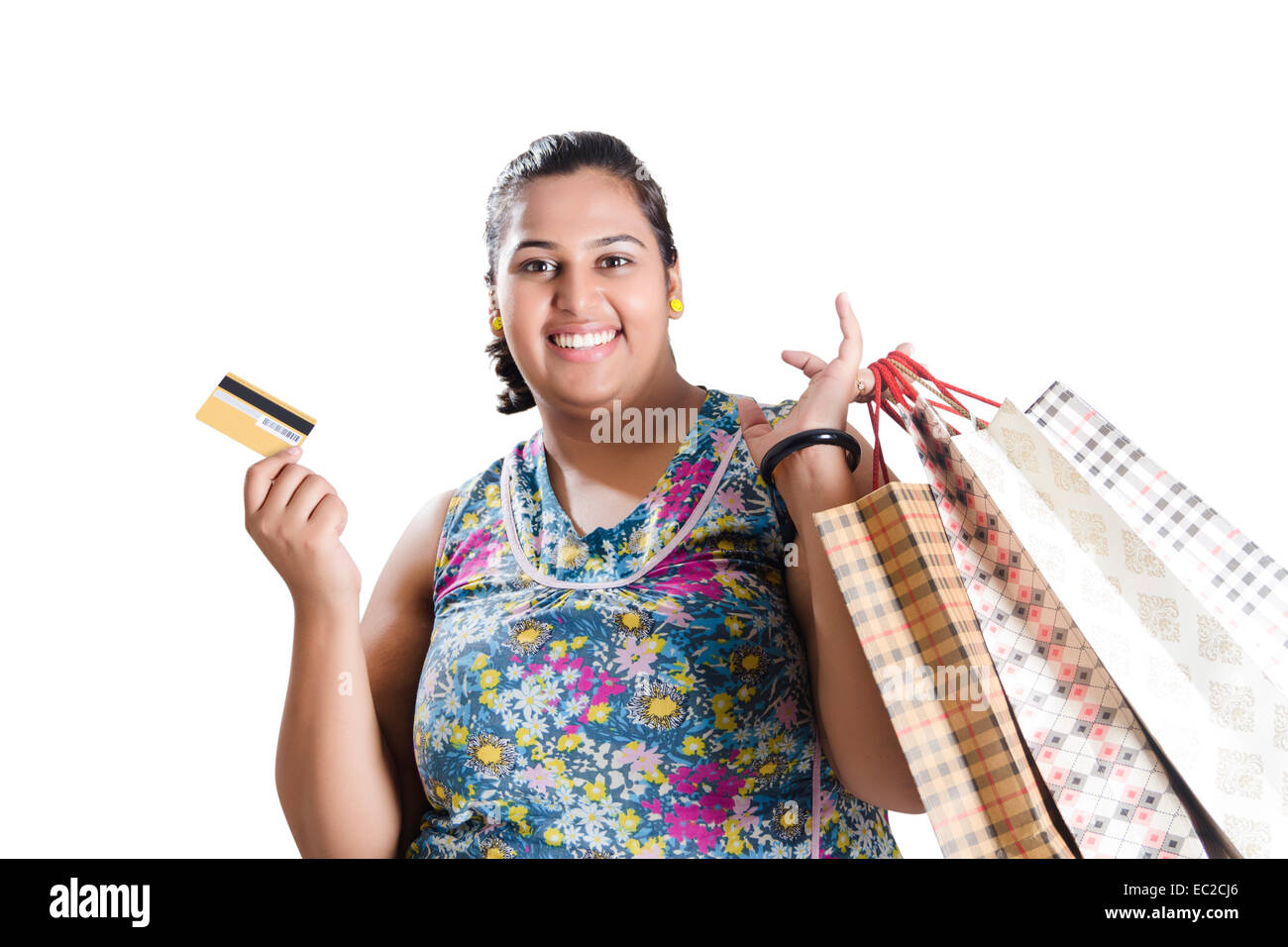 indische übergewichtige Dame Online-shopping Stockfoto