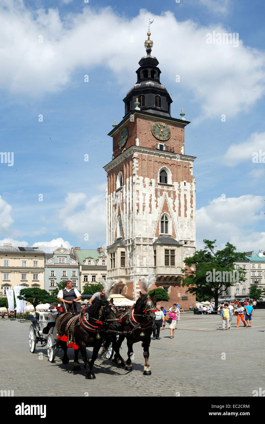 Pferdekutsche auf dem Hauptmarkt der Stadt Krakau in Polen. Stockfoto