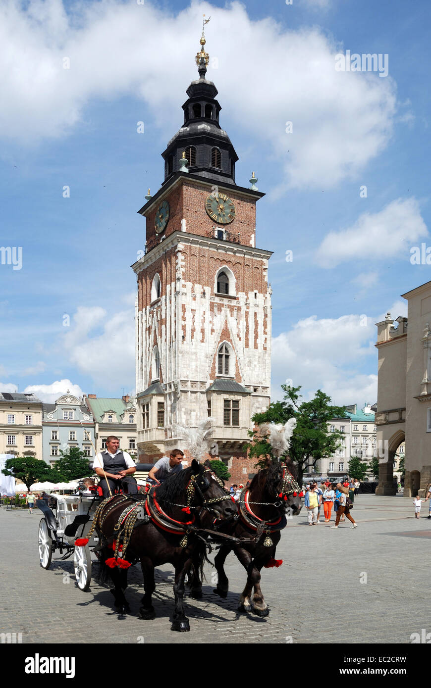 Pferdekutsche auf dem Hauptmarkt der Stadt Krakau in Polen. Stockfoto