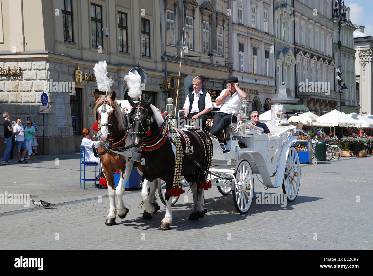 Pferdekutsche auf dem Hauptmarkt der Stadt Krakau in Polen. Stockfoto