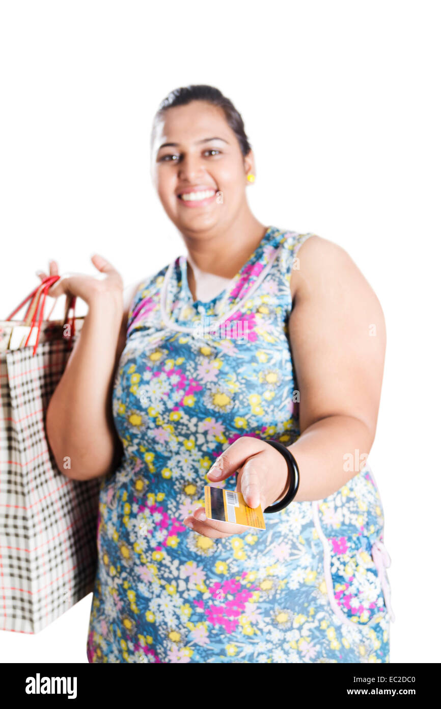 indische übergewichtige Dame Online-shopping Stockfoto