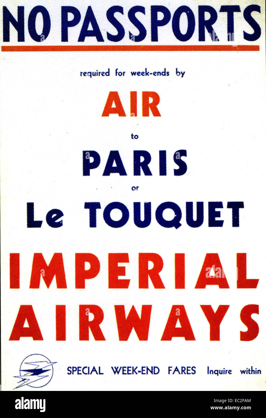 IMPERIAL AIRWAYS 1932 Plakatwerbung keine Pässe erforderlich für Flüge nach Frankreich Stockfoto