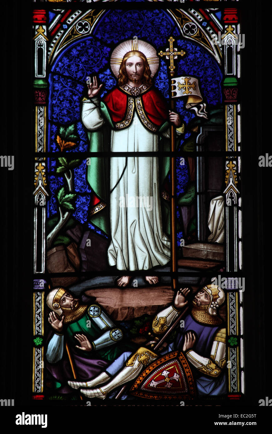 Ein Glasfenster von William Wailes Darstellung der Auferstehung Christi, St. Bartholomäus-Kirche, Richards Castle, Hereford Stockfoto