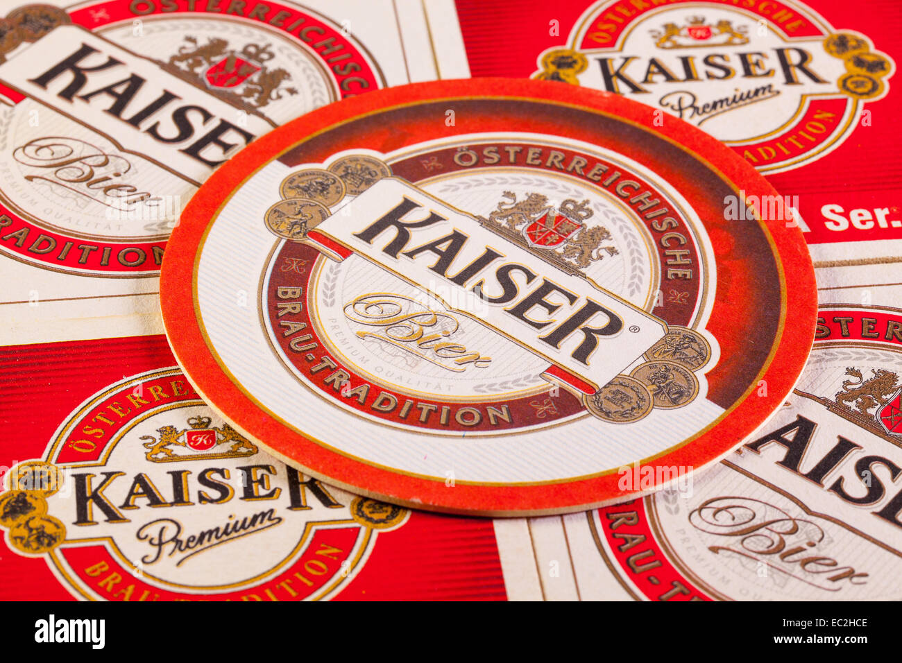 Österreich, LINZ-Juli 7,2014: Kaiser Beer ist das beliebteste Bier gebraut in Linz. Die Biermarke hat eine lange Geschichte und vorhanden ist Sünde Stockfoto