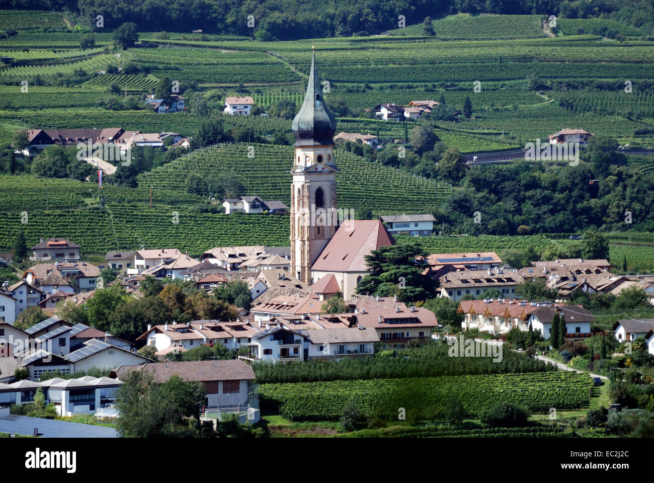 Gotische Pfarrkirche Chiesa di San Paolo in den Weinbergen entlang der Südtiroler Wein Straße in der Nähe von Bozen. Stockfoto