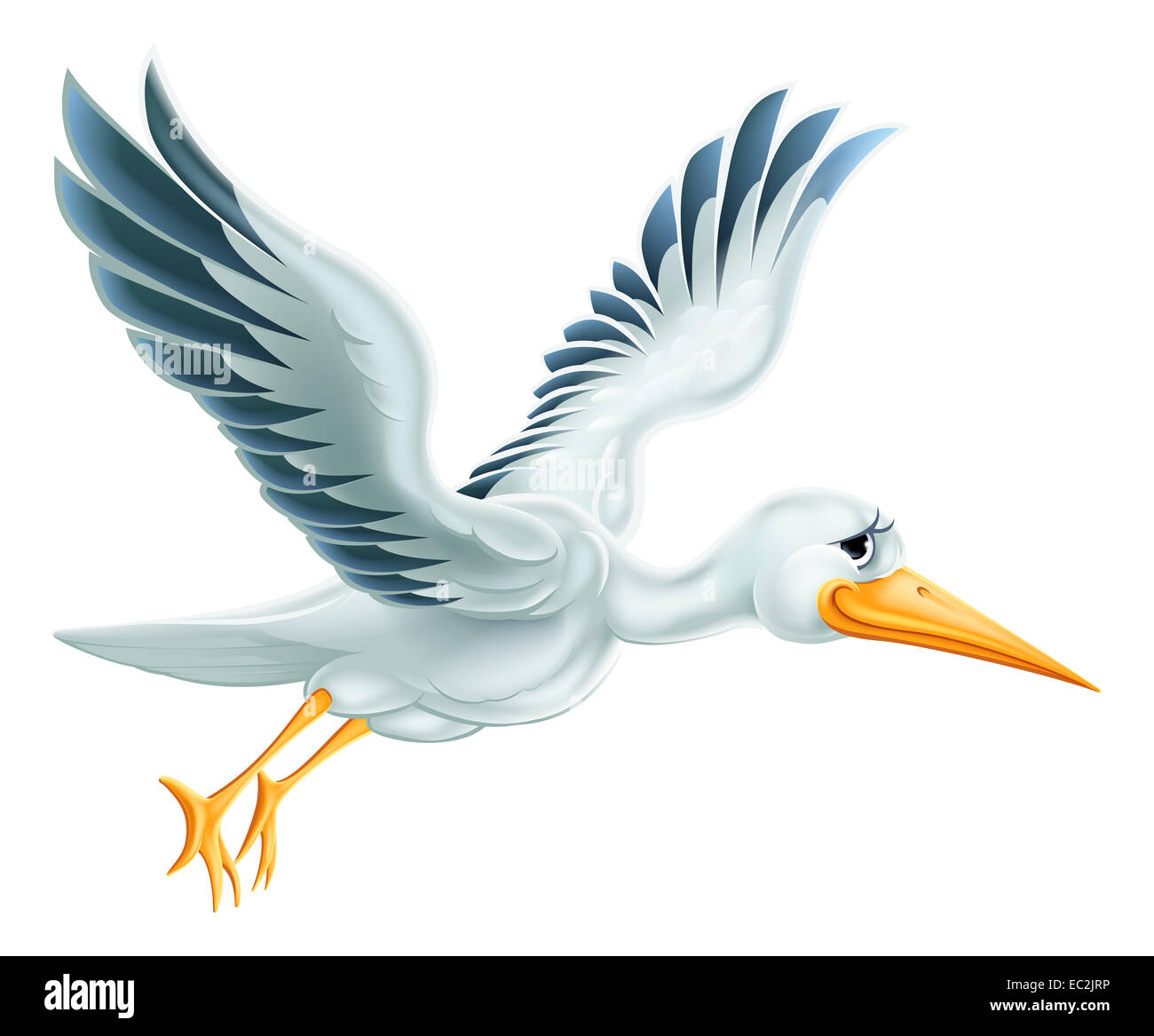 Ein Beispiel für einen niedlichen Cartoon Storch Vogel Charakter durch die Luft fliegen Stockfoto