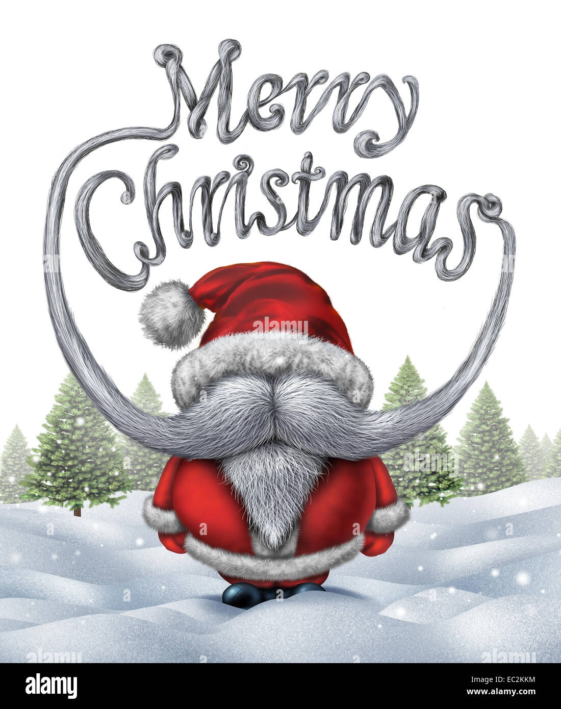Frohe Weihnachten Santa Klausel Inschrift als eine lustige Weihnachtsmann mit weißem Bart und Schnurrbart als festliche Winter Urlaub Typografie Text auf Schnee Hintergrund mit Pinien geformt. Stockfoto