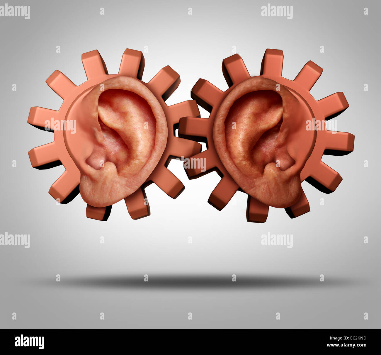 Gemeinschaft zusammenarbeiten Konzept als menschliche Ohren geformt wie Zahnräder oder Zahnräder verbunden als Geschäfts- oder Gesellschaft Metapher für soziale Fragen im Zusammenhang mit Beziehungen zwischen den Rassen. Stockfoto