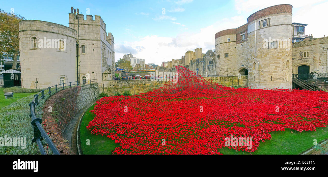 Panorama von Blut Mehrfrequenzdarstellung Länder und Meere von roten Mohnblumen, bei The Tower of London, England UK Stockfoto