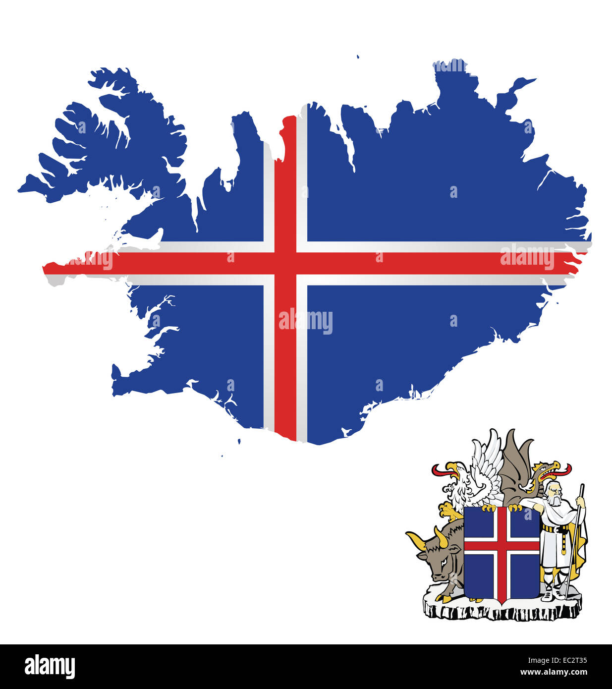 Flagge und Wappen von Island überlagert, Umriß isoliert auf weißem Hintergrund Stockfoto