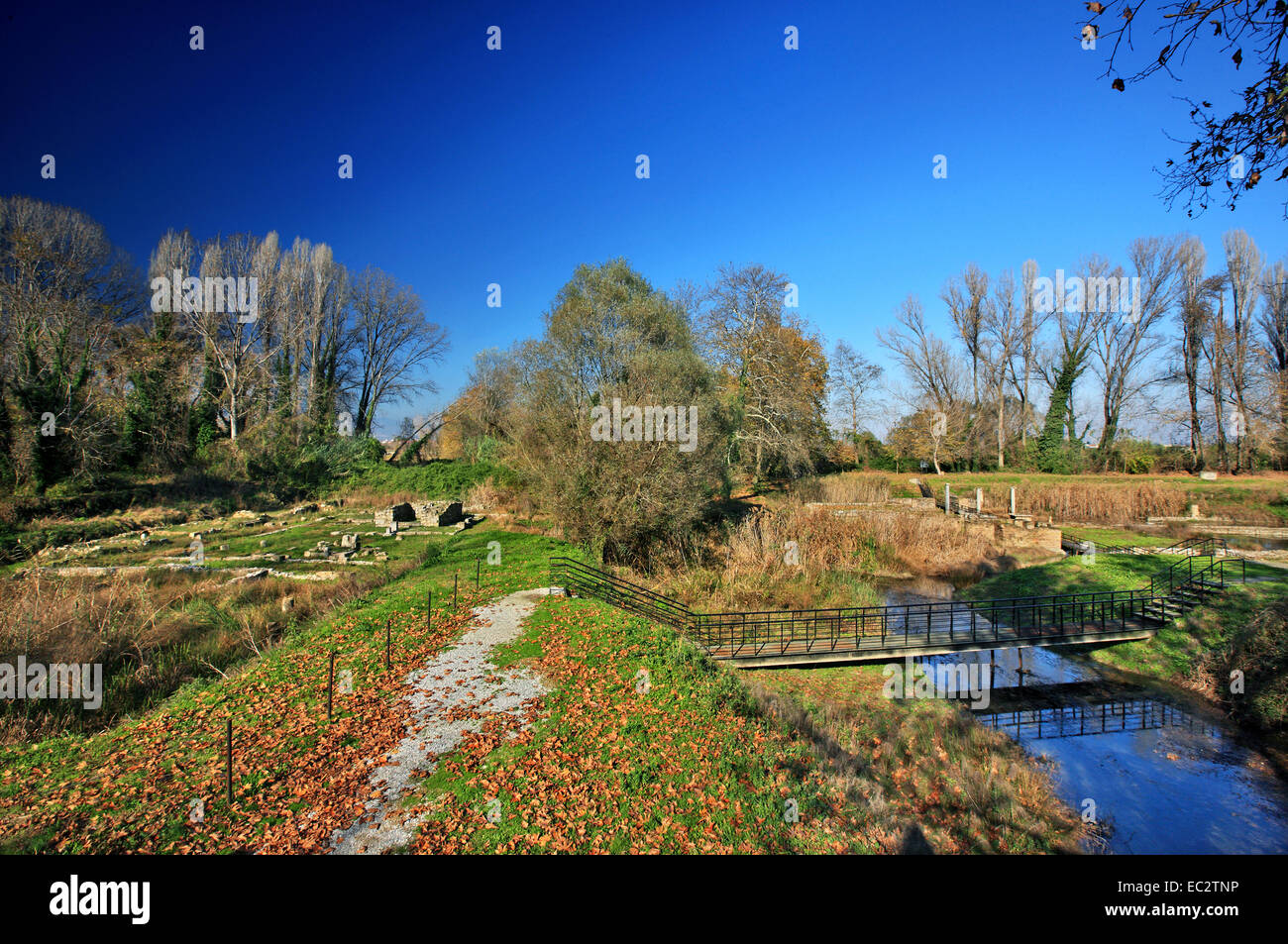 Das Heiligtum des Zeus Hypsistos (links) und das Heiligtum der Isis (rechts), archäologische Stätte von Dion, Pieria, Mazedonien, Griechenland Stockfoto
