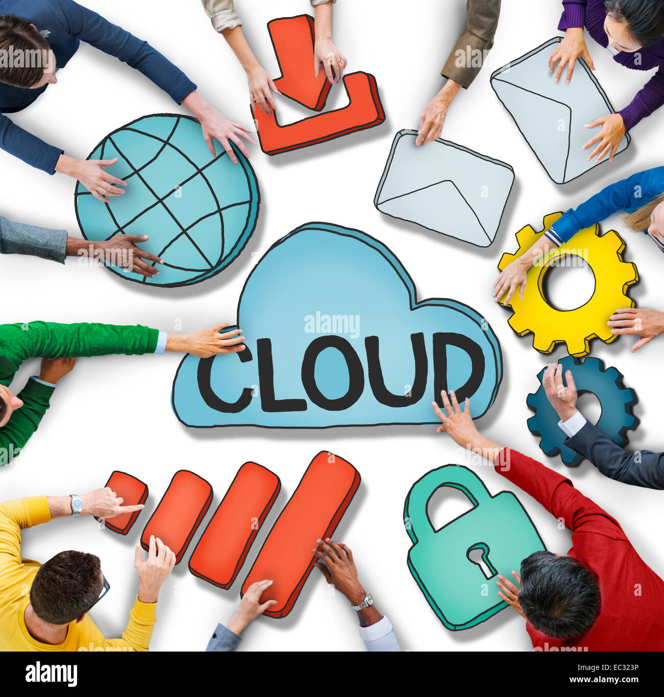 Multiethnische Gruppe von Menschen mit Cloud-Konzept Stockfoto
