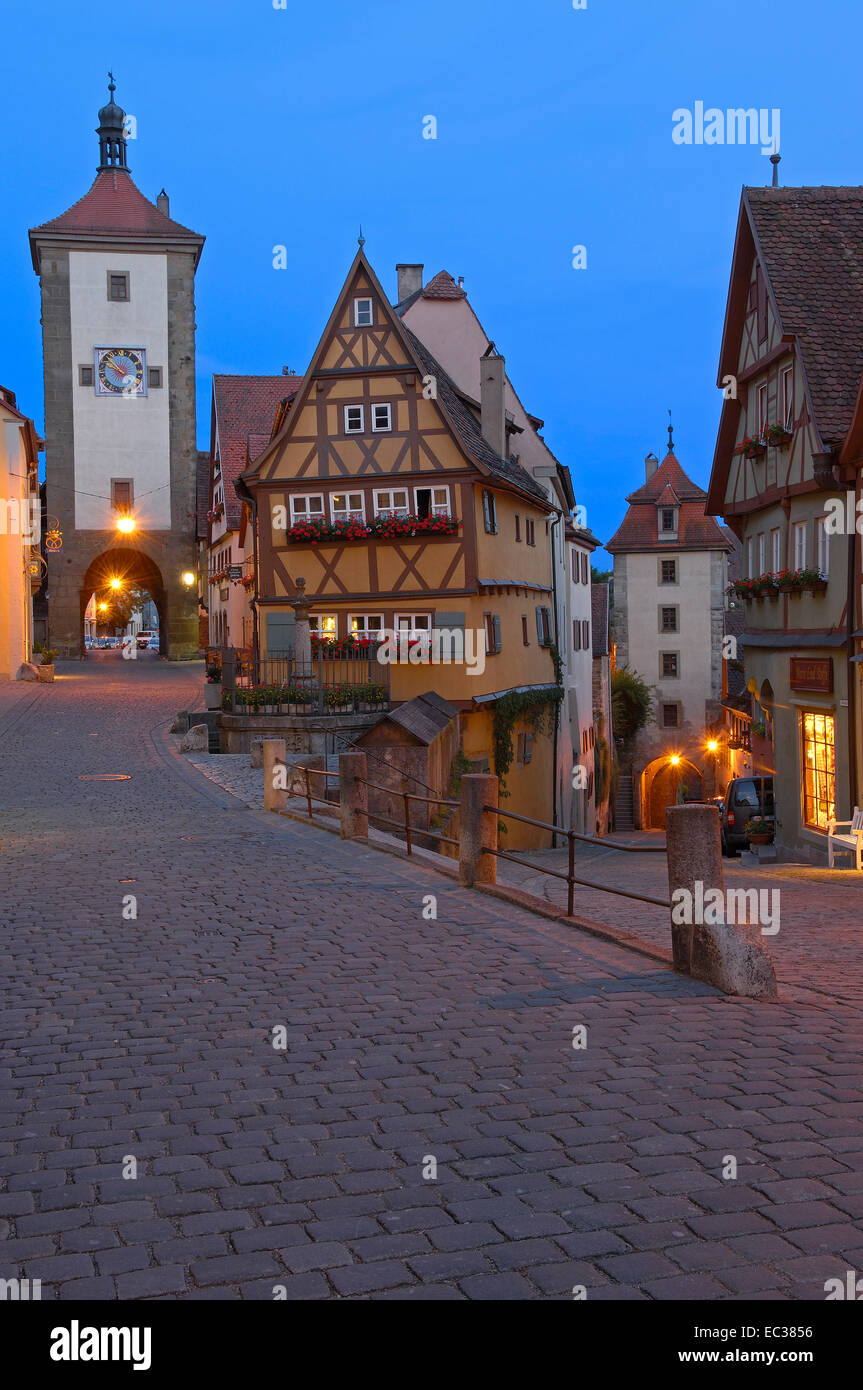 Ploenlein Ecke, Siebersturm und Kobolzeller Tor Türme, Rothenburg Ob der Tauber, Romantische Strasse, Romantic Road Stockfoto