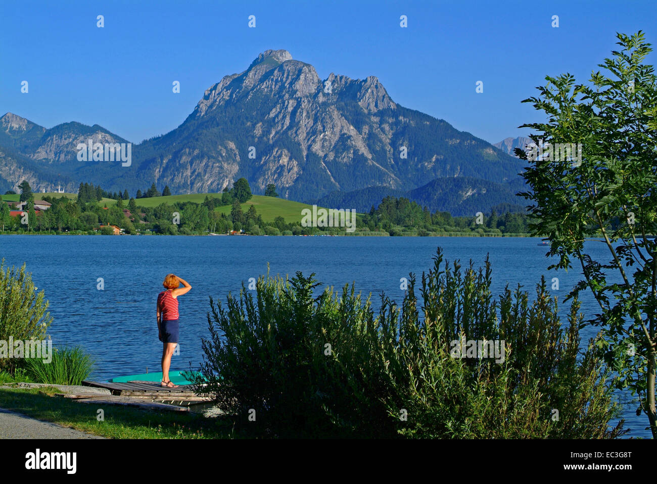Sehen Sie mit Bergen, Hopfensee, Allgäu, Deutschland Stockfoto