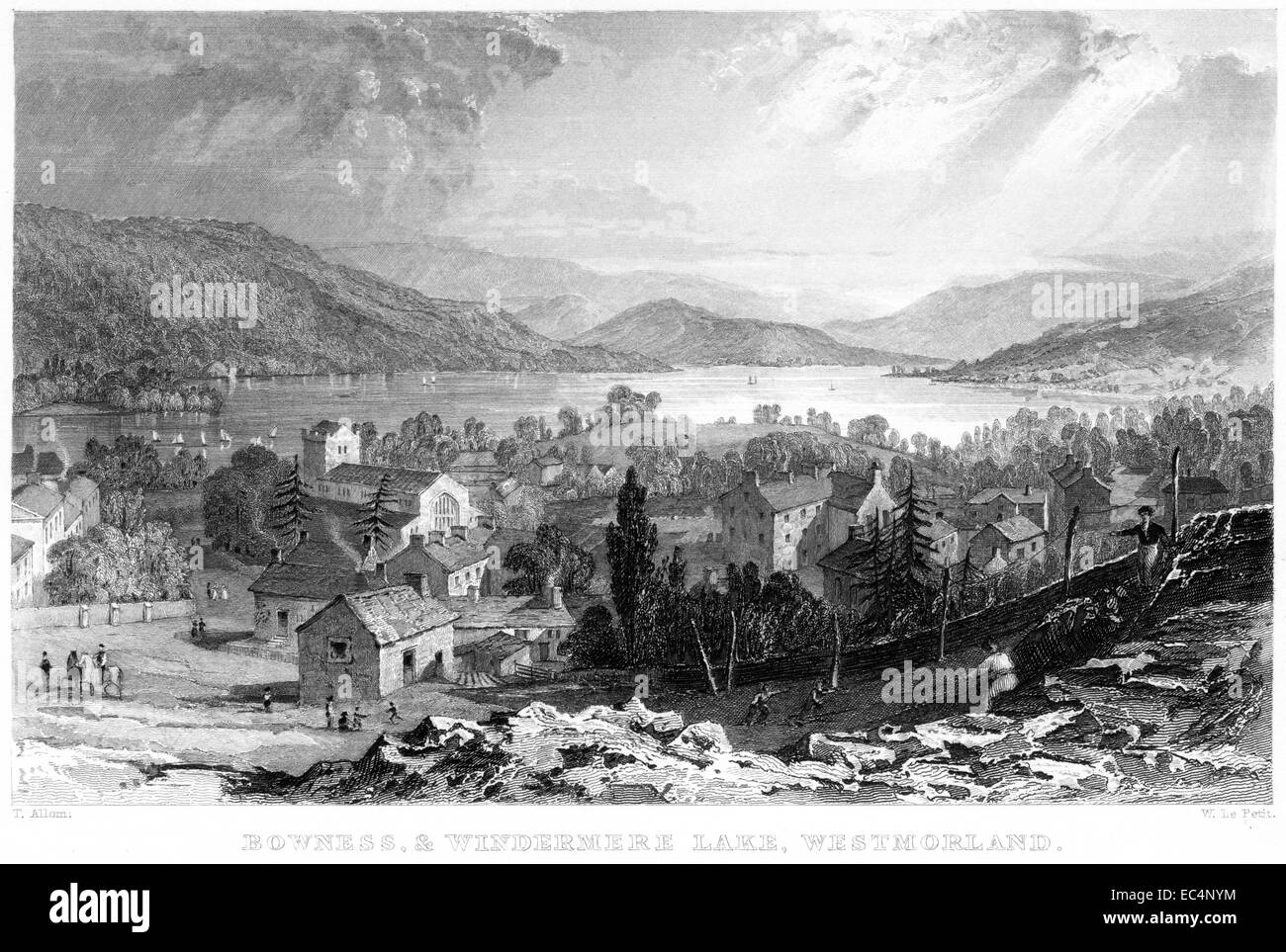 Eine Gravur mit dem Titel "Bowness & Windermere Lake, Westmorland" Scannen mit hoher Auflösung aus einem Buch, veröffentlicht im Jahre 1834. Stockfoto