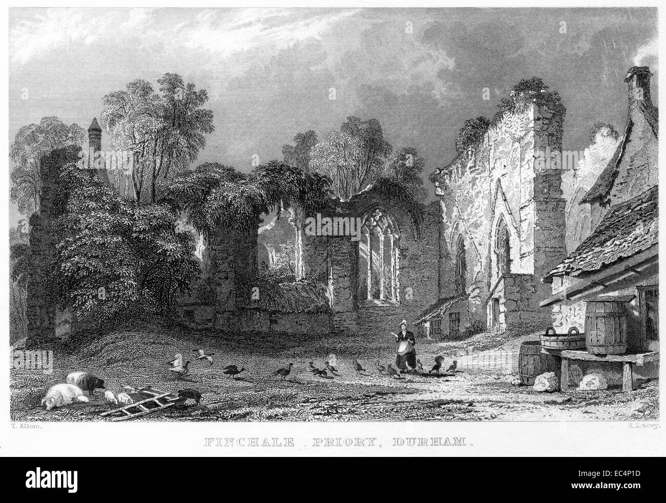 Eine Gravur mit dem Titel "Finchale Priory, Durham" Scannen mit hoher Auflösung aus einem Buch, veröffentlicht im Jahre 1834. Stockfoto