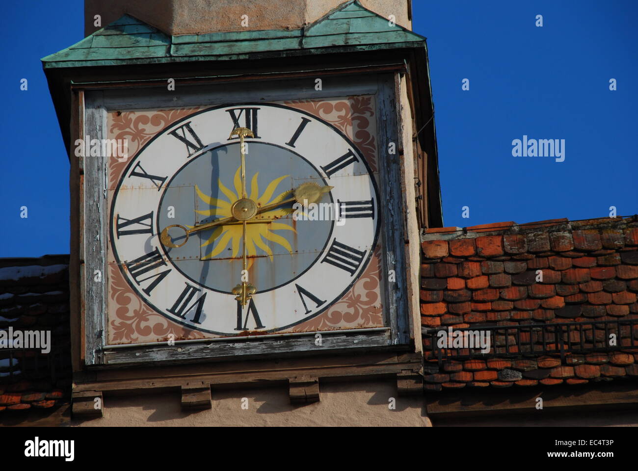 Alte Uhr, das Stadttor von Rothenburg Ob der Tauber Stockfoto