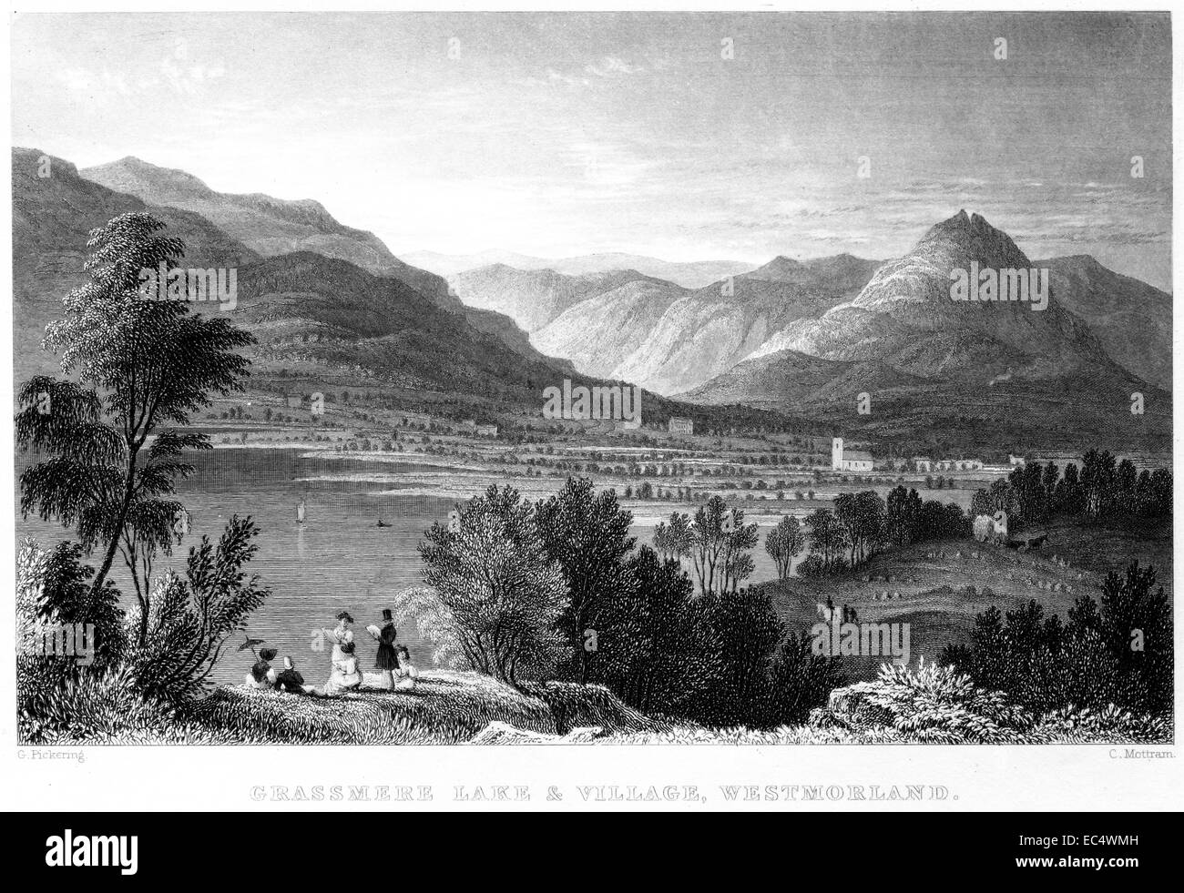 Eine Gravur mit dem Titel „Grassmere Lake & Village, Westmorland“, die in hoher Auflösung aus einem 1834 erschienenen Buch gescannt wurde. Urheberrechtlich geschützt. Stockfoto