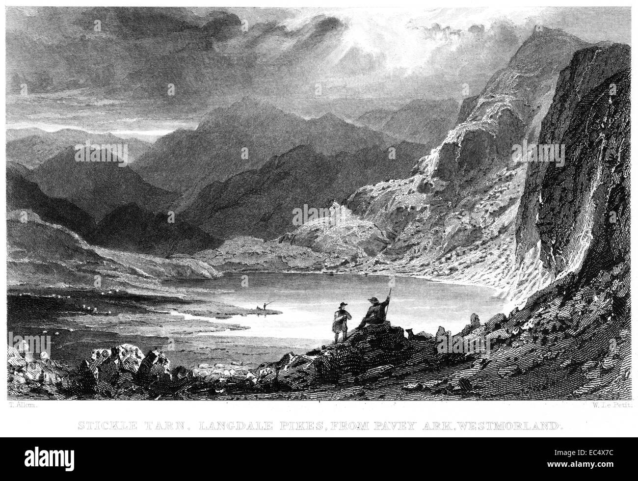 Gravur 'Scheut Tarn, Langdale Pikes aus Pavey Arche, Westmorland' Scannen mit hoher Auflösung aus einem Buch, veröffentlicht im Jahre 1834. Stockfoto