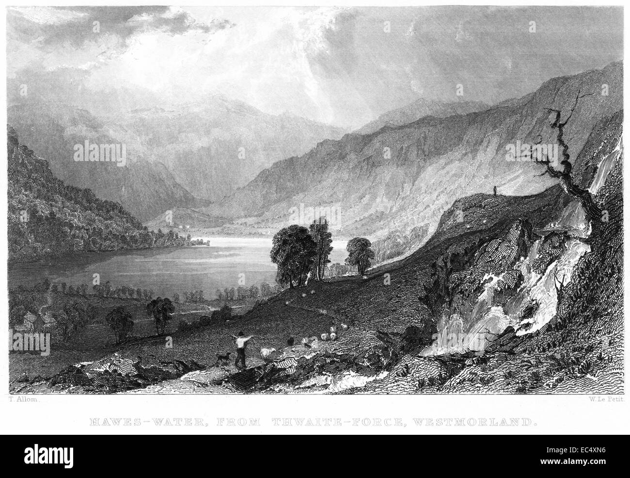 Eine Gravur mit dem Titel 'Hawes-Water from Thwaite-Force, Westmorland' wurde in hoher Auflösung aus einem Buch aus dem Jahr 1834 gescannt. Für urheberrechtlich frei gehalten Stockfoto