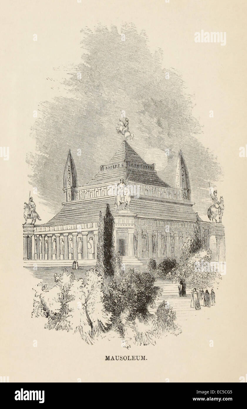 Mausoleum von Halikarnassos, eines der sieben Weltwunder der Antike, Illustration von William Harvey (1796-1866). Siehe Beschreibung für mehr Informationen. Stockfoto