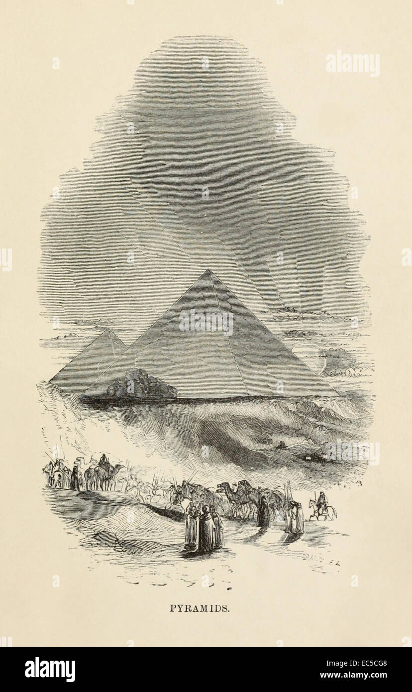 Pyramiden von Gizeh, eines der sieben Weltwunder der Antike, Illustration von William Harvey. Siehe Beschreibung für mehr Informationen. Stockfoto