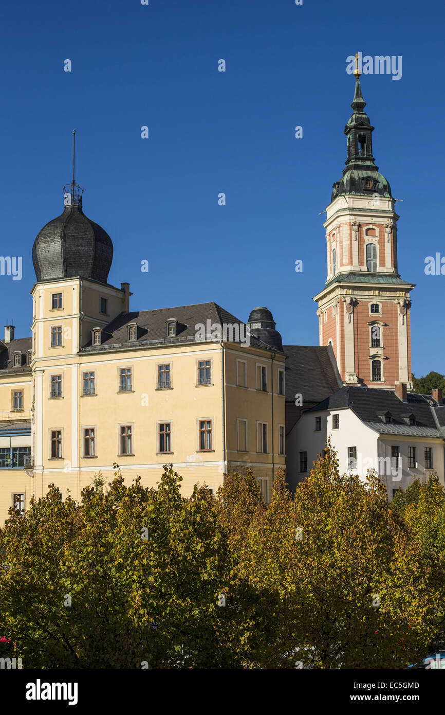 Burg und Stadt Unterkirche in Greiz, Thüringen, Deutschland Stockfoto