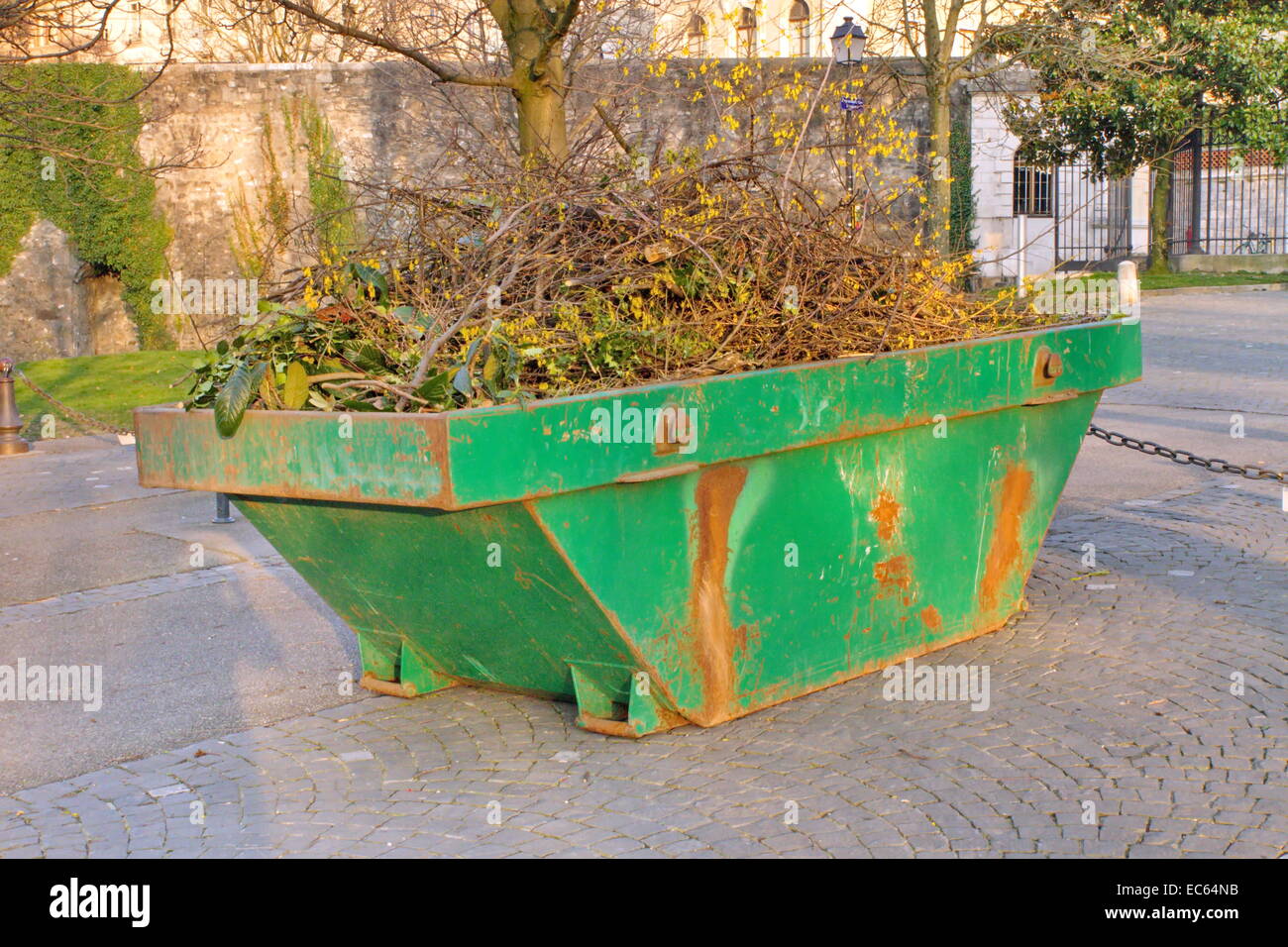 Container mit Ästen auf Asphalt in einem Park zu überspringen Stockfoto