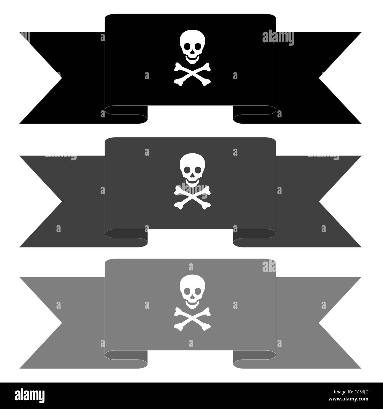 Drei schwarze und graue Piraten Banner in weißem Hintergrund Stockfoto