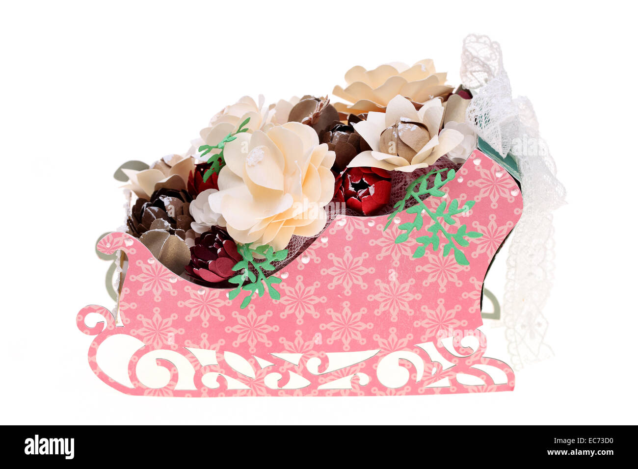 handgemachte Blumen und Schlitten aus einer Vielzahl von Papier gemacht Stockfoto